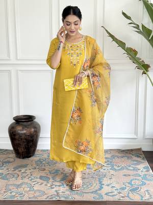 Women's Chanderi Viscose Embroidered Straight Kurta with Pant And Printed Dupatta Set 2