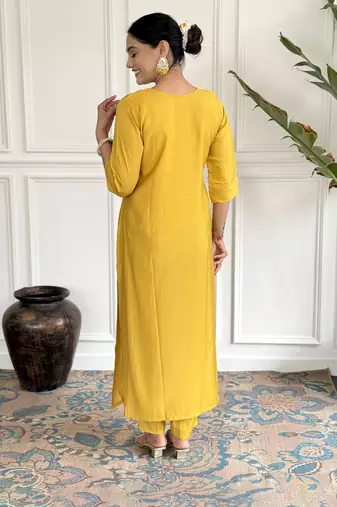 Women's Chanderi Viscose Embroidered Straight Kurta with Pant And Printed Dupatta Set