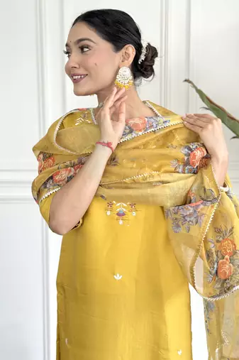 Women's Chanderi Viscose Embroidered Straight Kurta with Pant And Printed Dupatta Set