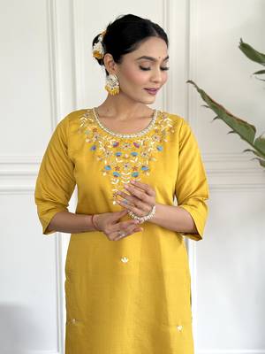 Women's Chanderi Viscose Embroidered Straight Kurta with Pant And Printed Dupatta Set 5