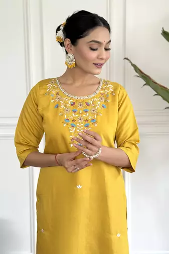 Women's Chanderi Viscose Embroidered Straight Kurta with Pant And Printed Dupatta Set