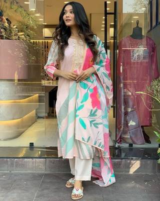 Women's Viscose Rayon Embroidered Straight Kurta with Pant And Dupatta Set 1