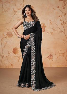  Satin Embroidery swarovski work Cap Saree with Unstitched Blouse Piece 1