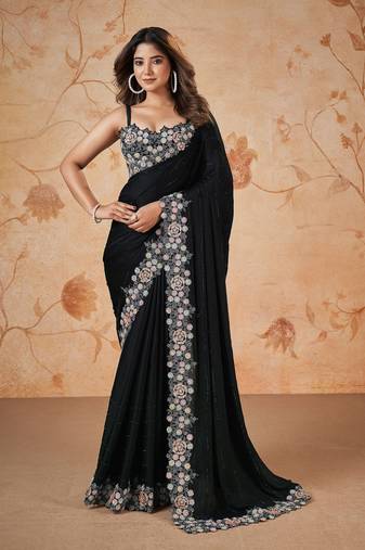  Satin Embroidery Siroski work Cap Saree with Unstitched Blouse Piece