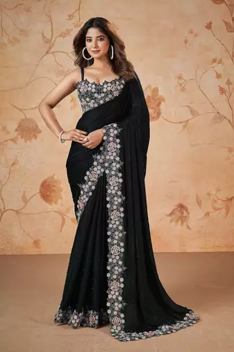  Satin Embroidery swarovski work Cap Saree with Unstitched Blouse Piece