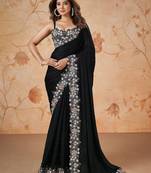  Satin Embroidery swarovski work Cap Saree with Unstitched Blouse Piece