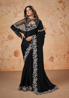  Satin Embroidery swarovski work Cap Saree with Unstitched Blouse Piece 3