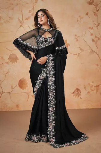 Trendmalls  Satin Embroidery swarovski work Cap Saree with Unstitched Blouse Piece