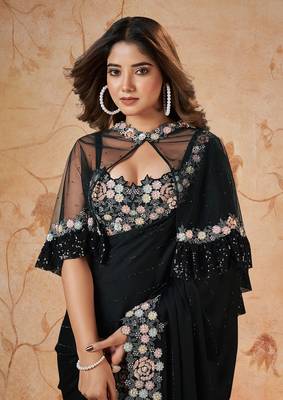  Satin Embroidery swarovski work Cap Saree with Unstitched Blouse Piece 5