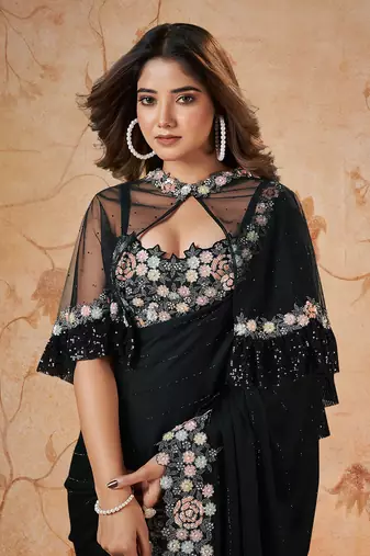 Trendmalls  Satin Embroidery swarovski work Cap Saree with Unstitched Blouse Piece