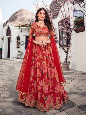 Red Printed Organza Lehenga Choli 1
