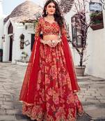 Red Printed Organza Lehenga Choli