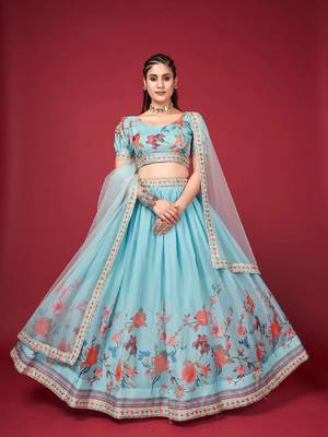 Women's Sky Blue Cotton Silk Lehenga Choli Set 1