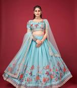 Women's Sky Blue Cotton Silk Lehenga Choli Set