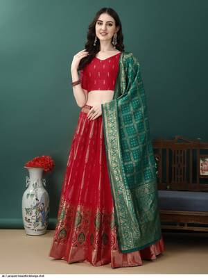 Red Woven Jacquard Lehenga Choli 1