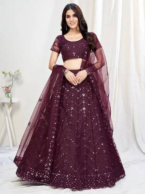 Wine Embroidered Net Lehenga Choli 1