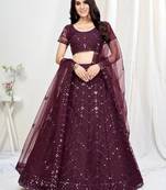 Wine Embroidered Net Lehenga Choli