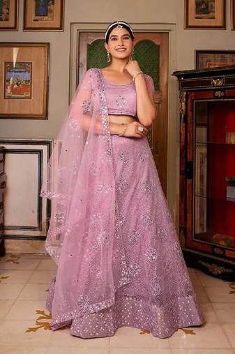 Lilac Net Lehenga Choli with Silver Sequin Embroidery