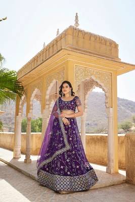 Purple Embroidered Net Lehenga Choli 1