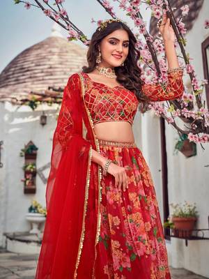 Red Printed Organza Lehenga Choli 2