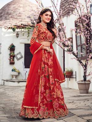 Red Printed Organza Lehenga Choli 3