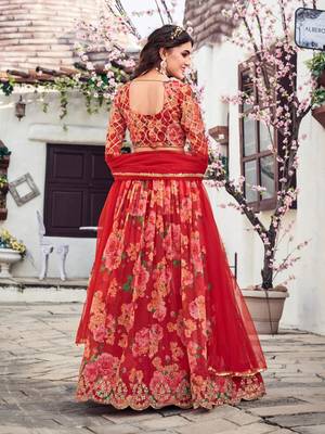 Red Printed Organza Lehenga Choli 4