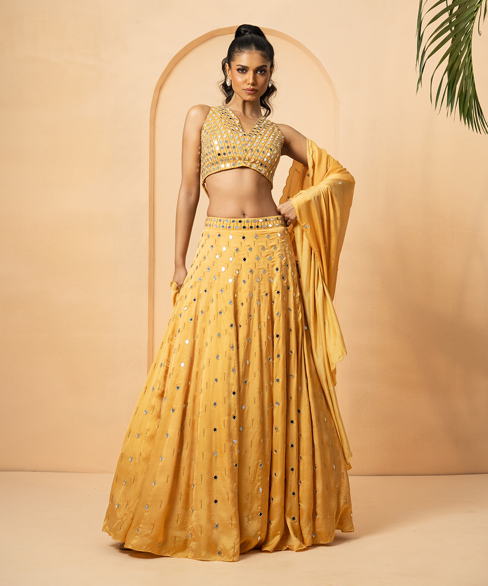 Golden Modal Satin Mirror Work Lehenga