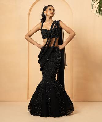 Black Georgette and Net Fishtail Lehenga 1