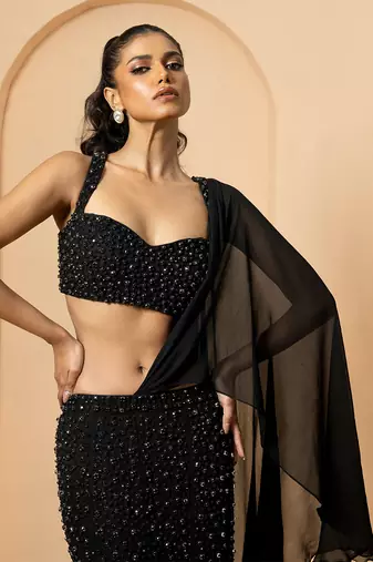 Black Georgette and Net Fishtail Lehenga