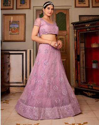 Lilac Net Lehenga Choli with Silver Sequin Embroidery 2