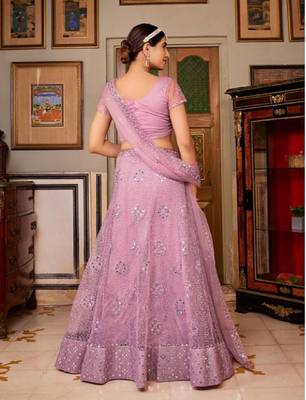 Lilac Net Lehenga Choli with Silver Sequin Embroidery 3