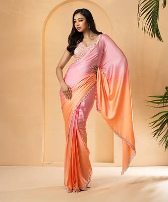 Pink and peach ombre modal satin saree 1