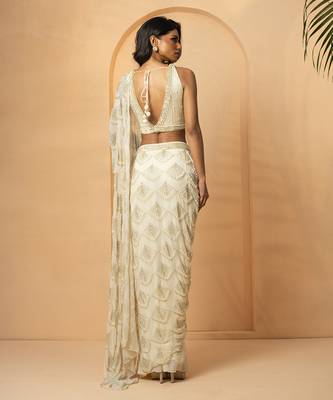 Ivory georgette and net saree 3