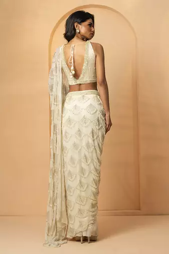 Ivory georgette and net saree