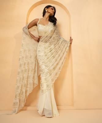 Ivory georgette and net saree 4