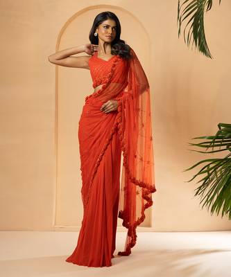 Orange georgette and net saree 1