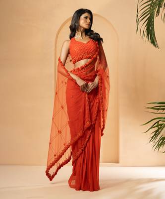 Orange georgette and net saree 2