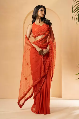 Orange georgette and net saree