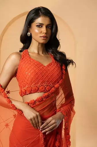 Orange georgette and net saree