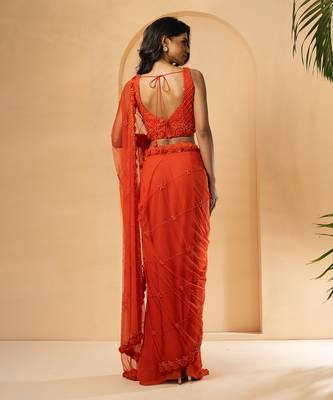 Orange georgette and net saree 4