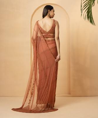 Dust pink georgette and net saree 4