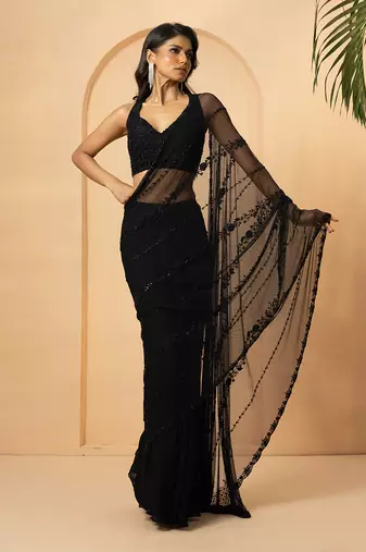Black georgette and net saree