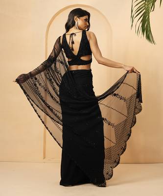 Black georgette and net saree 4