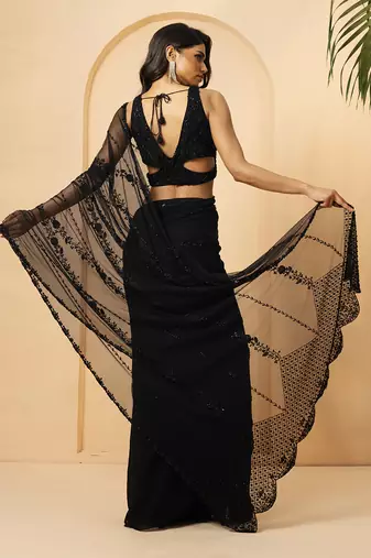 Black georgette and net saree