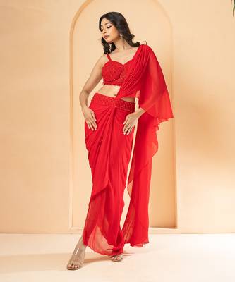 Red georgette and net saree 1