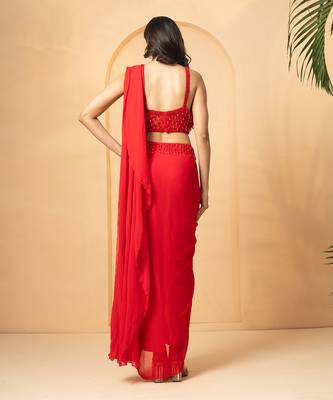 Red georgette and net saree 4