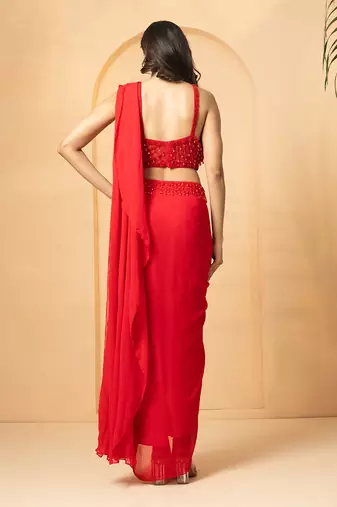 Red georgette and net saree