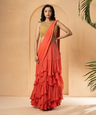 Peach georgette and net saree 1