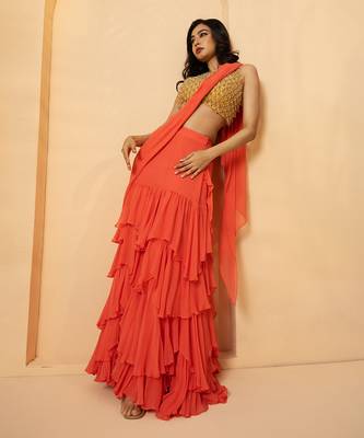 Peach georgette and net saree 2