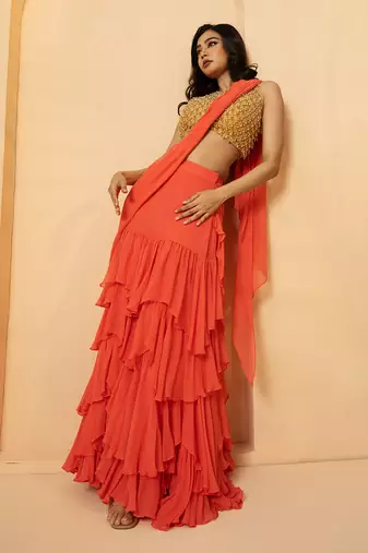 Peach georgette and net saree